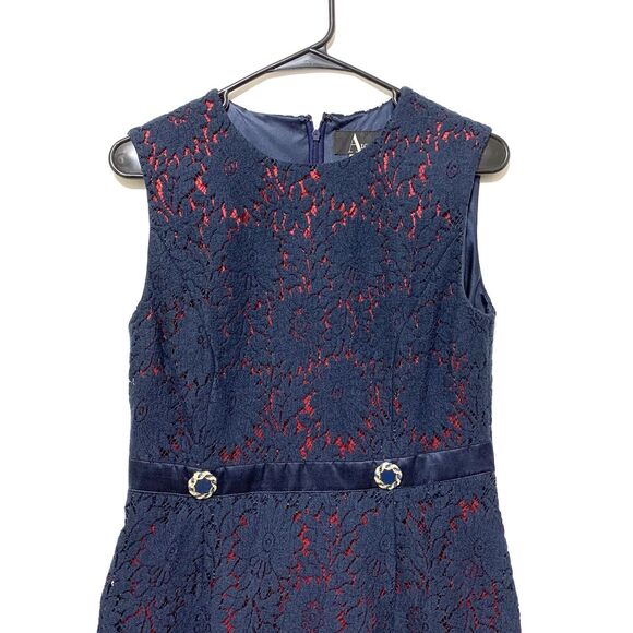Algo Dress Dress Navy Blue Red Lace Overlay Sleeveless Wool Silk Blend Size P - Picture 2 of 16